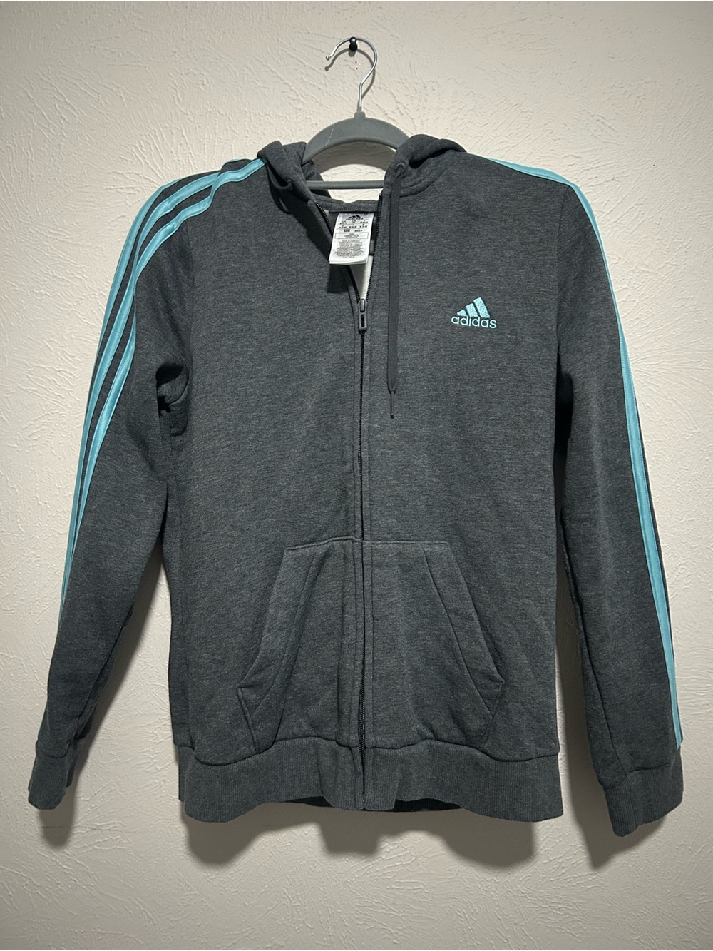 Adidas Size M Grey Zip-Up Hoodie with Light Blue Stripes